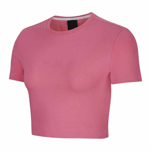 เสื้อยืดครอปท็อปผู้หญิงสีชมพู แขนสั้น คอกลม ผ้าถัก สีพื้น สไตล์ลำลอง สำหรับฤดูใบไม้ผลิและฤดูร้อน - Product Image 3