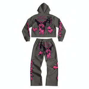 Conjunto Deportivo Vintage para Hombre, Gris con Estampado Rosa, Sudadera con Capucha y Pantalones con Cordón, Corte Holgado, Transpirable, Impermeable, Forro Polar, 100% Algodón - Product Image 2