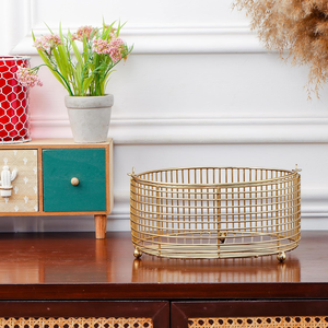 Round Metal Gold Plated Decorative <b>Wire</b> <b>Basket</b> Diwali Gift Hamper Storage Fruit Vegetable Organizer With Handle - Product Image 3