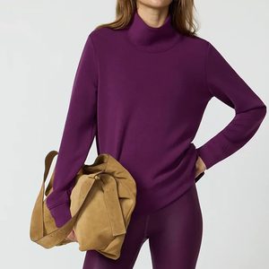 Sweat-shirt à col roulé et col rond, couleur unie, manches longues, tricoté, pour l'automne, respirant, style épaules tombantes - Product Image 4
