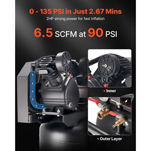Compressore d'aria portatile da 20 galloni con motore da 2HP, 6.5SCFM, serbatoio lubrificato a olio da 90PSI, pressione massima 135PSI, compressore mobile per pneumatici a 6 ruote - Product Image 2