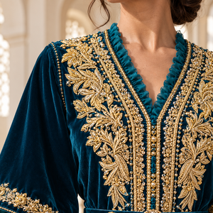 Luxury Deep <b>Teal</b> Velvet Moroccan Caftan with Gold Floral Embroidery and Belt for Women <b>Wedding</b> Dinner Gala Traditional Arab Wear - Product Image 1