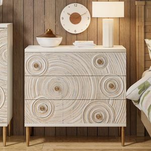 Luxury Handcrafted Solid Wood 3 Drawer Dresser Modern Concentric Circle Carving Antique White Finish - Product Image 1