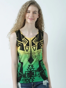Débardeur Femme à Imprimé Géométrique, Col Rond, Sans Manches, Décontracté, Respirant, en Polyester Tricoté, Motif Vert Jaune Noir - Product Image 1