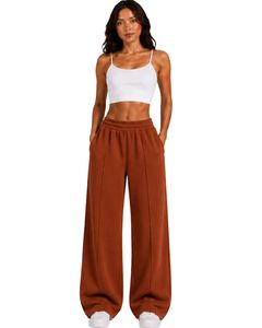 Women Rust Brown Wide Leg Sweatpants High Waist Loose Fit Casual <b>Fleece</b> <b>Jogger</b> Lounge Pants Streetwear Wear - Product Image 1