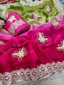 กีริยาณุภาพลายดอกไม้แบบกอต้า รังโกลี ซารี ผ้ากอต้าลายผีเสื้อ วาสตรา ซารี อาอาร์โค นาซนีน ซารี กูลาบ กอต้า ซารี - Product Image 3