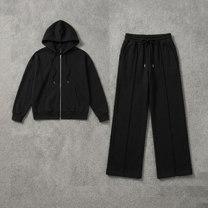 <b>Women's</b> Oversized Hooded <b>Zip</b>-Up Sweatshirt Solid <b>Black</b> <b>Hoodies</b> Knitted Long Sleeve Custom Logo Fleece Tracksuit Pleated Pants - Product Image 3