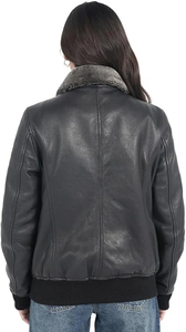Veste bomber en peau de mouton véritable pour femme avec col en fourrure, coupe-vent, manteau d'hiver, manches longues, longueur normale, couleur unie - Product Image 6