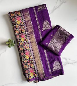 Sari indien de boutique en Khadi, style Gujarati, avec motif floral et oiseaux, tissé à la main, séchage rapide, pour femme, tenue de mariage, sari de mariée traditionnel - Product Image 3