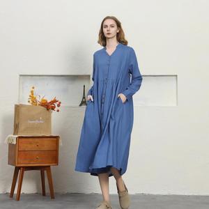 Women Boho Blue Plain Cotton Linen Maxi <b>Dress</b> With Button Front V-Neck <b>Loose</b> Fit Full Sleeve Summer Casual <b>Dress</b> - Product Image 1