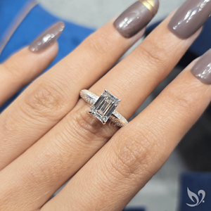 Micro pave band 2 CT emerald cut lab grown <b>diamond</b> <b>ring</b> in 10K white gold IGI certified modern engagement <b>ring</b> - Product Image 4