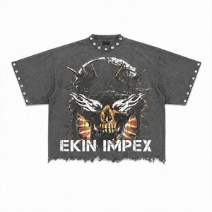 Custom Grey Oversized T-Shirt Men 3D <b>Skull</b> Print Streetwear HipHop with Metal Studs Rivets Distressed Raw Hem Heavyweight Cotton - Product Image 1