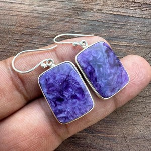 Pendientes colgantes de charoita natural, plata de ley 925, hechos a mano, joyería para mujer, pendientes minimalistas con piedras preciosas, regalo para ella - Product Image 6