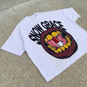 เสื้อยืดสีขาวโอเวอร์ไซส์ Snow Grace ลายพิมพ์ปาก สตรีทแวร์ แขนสั้น ผ้าคอตตอนเจอร์ซีย์ คอกลม สำหรับผู้ชาย - Product Image 6