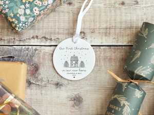 Personalized <b>Ceramic</b> Christmas <b>Ornament</b> Circular Minimalist Design First Christmas in New Home 2025 Decor - Product Image 3