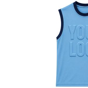 Camiseta sin mangas azul cielo y azul marino con diseño de tu logotipo en relieve, chaleco de algodón personalizado para hombre, top de moda casual de verano para la calle. - Product Image 3