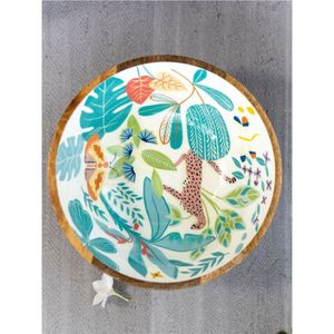 Bol de service en bois de manguier fait main avec impression de léopard tropical en émail |   Bol à salade et à fruits décoratif écologique pour la décoration de la maison - Product Image 1
