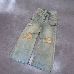 Jeans amples pour hommes avec logo personnalisé, coupe décontractée, taille haute, délavé à l'acide, style vintage, jambe large, effet usé, décoré, délavage clair - Product Image 5