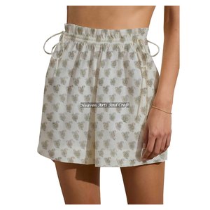 Shorts de week-end 100 % coton imprimé à la main, taille élastique avec cordon de serrage, pour femme et fille - Product Image 3