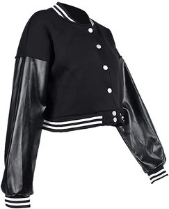 Chaqueta Varsity Unisex Negra con Mangas de Cuero PU, Cuello Redondo, Cierre de Botones, Estilo Casual para Otoño, Corte Regular y Corto - Product Image 4