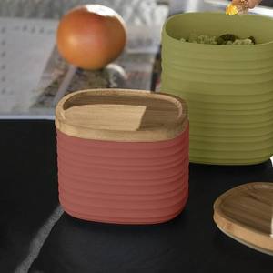 Recipiente de Almacenamiento de Cerámica Moderno con Tapa de Madera, Hermético, Organizador de Cocina, Diseño Acanalado, Duradero, Apto para Alimentos - Product Image 2