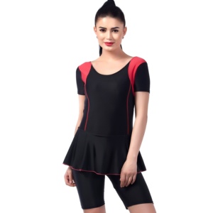 Robe de sport et de natation personnalisée à rayures, 2 pièces, respirante, séchage rapide, en polyester et élasthanne, à manches courtes, avec demi-legging intégré, pour le fitness et la natation - Product Image 1