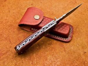 Damascus Steel <b>Folding</b> <b>Utility</b> <b>Knife</b> Rosewood Handle Vertical Carry Sheath Pocket EDC Hunting Camping Drop Point Support OeM - Product Image 2
