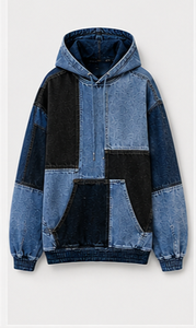 Sweat à capuche en jean pour homme, design patchwork avec poche kangourou, coupe classique, style automne - Product Image 3