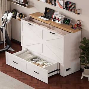 Lit Queen Murphy avec station de charge, grand tiroir de rangement, plateforme pliable, style farmhouse, avec fonction de rangement dissimulé - Product Image 4