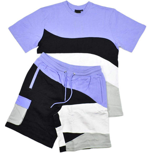 2026 Men Color Blocked Quick Dry T-Shirt and Drawstring Shorts Set Summer Casual Wear Blue Black Gray Two Piece Outfit - Product Image 2