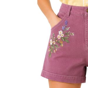 Custom Dusty Rose Floral Embroidered <b>Women</b> High Waist Denim Shorts Casual Summer Cotton Stretch <b>Jean</b> Shorts Custom Logo Apparel - Product Image 3
