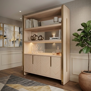 Librería Moderna de Madera Maciza Natural con Puertas Chevron, Estantes Abiertos y Vitrina para Sala de Estar u Oficina en Casa - Product Image 3
