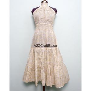 Robe longue vintage en pur coton pour femme, col halter, manches tombantes, silhouette trapèze, imprimé artisanal, robe de soirée décontractée et ample - Product Image 1