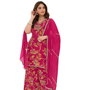 Ensemble Kurti en tissu viscose soyeux avec broderie et travail manuel de créateur, doublure intégrée et dupatta à imprimé numérique - Product Image 1