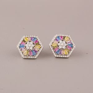 Hexagon <b>Stud</b> <b>Earrings</b> With Multicolor <b>Crystal</b> Rhinestones Prong Setting For Women Classic Fashion Jewelry - Product Image 3