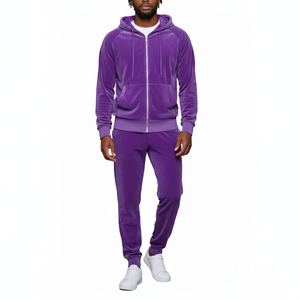 Chándal de terciopelo con cremallera personalizado OEM al por mayor, de lujo, liso, de algodón, unisex, morado, de terciopelo, ajustado, con capucha, 2026 - Product Image 1