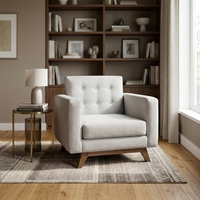 Fauteuil de salon moderne en bois de teck massif, rembourré, style mi-siècle, tissu beige capitonné, chaise d'appoint individuelle