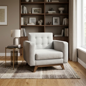 Sillón Moderno para Sala de Estar con Base de Madera de Teca Sólida, Tapizado en Tela Beige con Diseño Acolchado de Mediados de Siglo, Sillón Individual Decorativo - Product Image 5