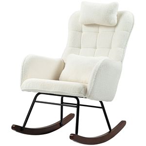 Sedia a dondolo in bianco crema con schienale alto e poggiatesta sedia da allattamento per soggiorno camera da letto con cuscino in legno - Product Image 1