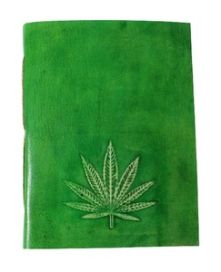 Genuine Goat TC Leather Journal Hard Bound Green Color <b>Notebook</b> With Hemp Leaf Embossed Front Cover For Daily <b>Diary</b> Use - Product Image 1