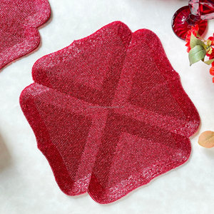 Red Round <b>Beaded</b> <b>Placemat</b> with White Bow Border Christmas Table Decor Non Slip Fabric Mat 400mm Diameter - Product Image 6