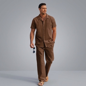 Ensemble de vêtements décontractés pour hommes, best-seller, 100% lin, chemises à manches courtes et pantalons, haute qualité, luxe, méthode de tricotage solide - Product Image 1