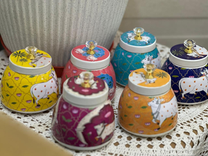 Set 6 4-Inch Enamel Printed Pichwai Cow Jars Glossy Finish Dishwasher <b>Safe</b> <b>Large</b> Capacity Decorative Metal Storage Jars Lid - Product Image 5