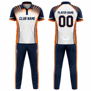 Custom Sublimation Print <b>Cricket</b> Uniform Unisex <b>White</b> Navy Orange Team Kit Breathable Polyester Adult Size Seamless Fusing - Product Image 1