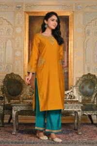 Ensemble Kurta pour femmes en soie brodée Dori Mustard Maharani pour les occasions spéciales, mariages, toutes saisons - Product Image 5