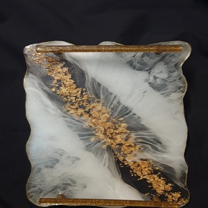 Ensemble de plateaux de service modernes en résine avec poignées, multifonctionnels, motifs marbrés/floraux/géométriques, avec paillettes dorées et bleu sarcelle - Product Image 6