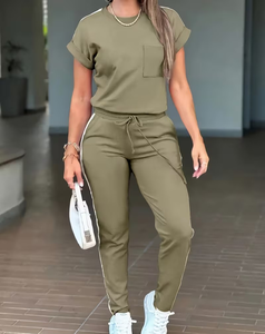 Fashion Summer Solid Daily Wear 2-Piece Woven Casual Commuter Short Sleeve Trousers Set - Product Image 1