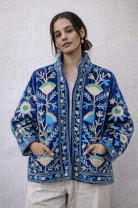 Royal Blue Velvet Suzani Hand-Embroidered Kashmiri Winter Jacket Artisanal Floral Breathable Eco-Friendly Long Sleeve <b>Quilted</b> - Product Image 2