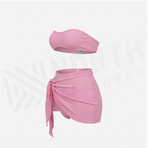 WRETO APPROACH Pink Ribbed 2 Piece <b>Bikini</b> <b>Set</b> Bandeau Top Tie Side Bottom Women Swimwear Solid Color Stretch Fabric - Product Image 2