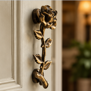Poignée de porte Rustic Rose en finition or patiné avec tête de fleur sculptée, feuilles texturées et design de tige organique pour un style classique - Product Image 2